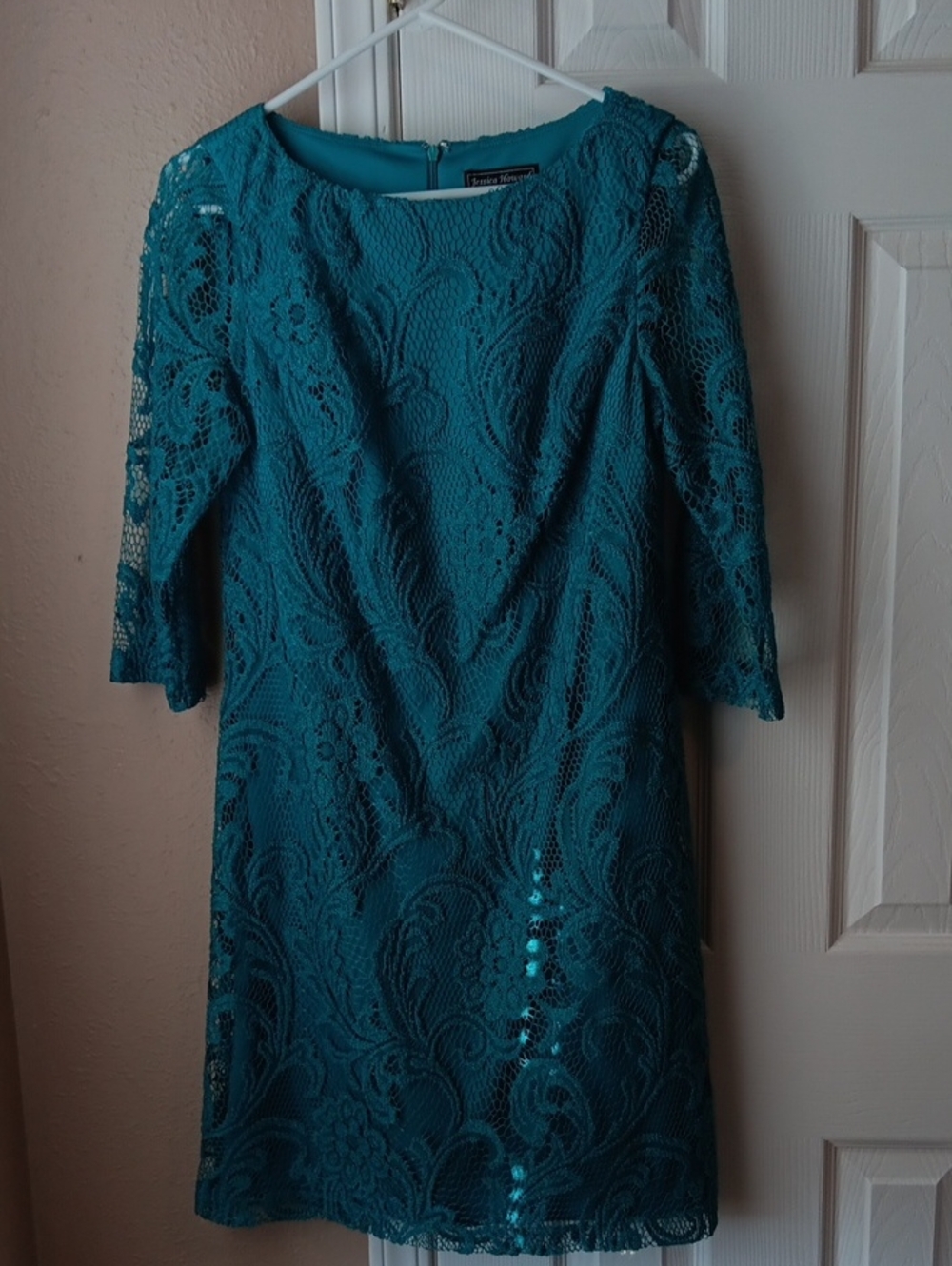 Jessica Howard Teal Lace Sheath Dress with Three-Quarter Sleeves